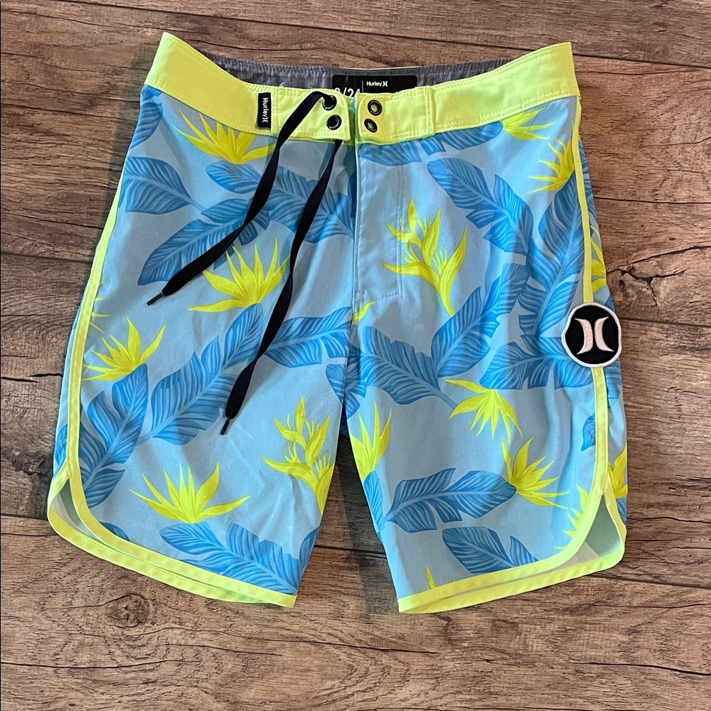 Hurley Boys Blue and Neon Yellow Tropical Swim Trunks
